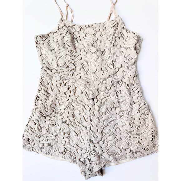 Sage Gray & Beige Blend Floral Crochet Lace Strappy Mini Romper Women's Small - Picture 3 of 9